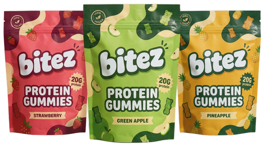 the three bitez flavors side by side: strawberry, green apple and pineapple protein gummy bags