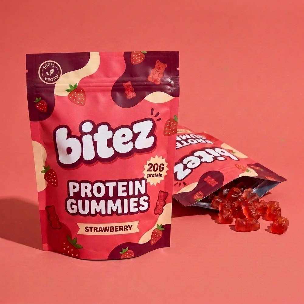 strawberry bitez bag with translucent red gummy bears spilling out